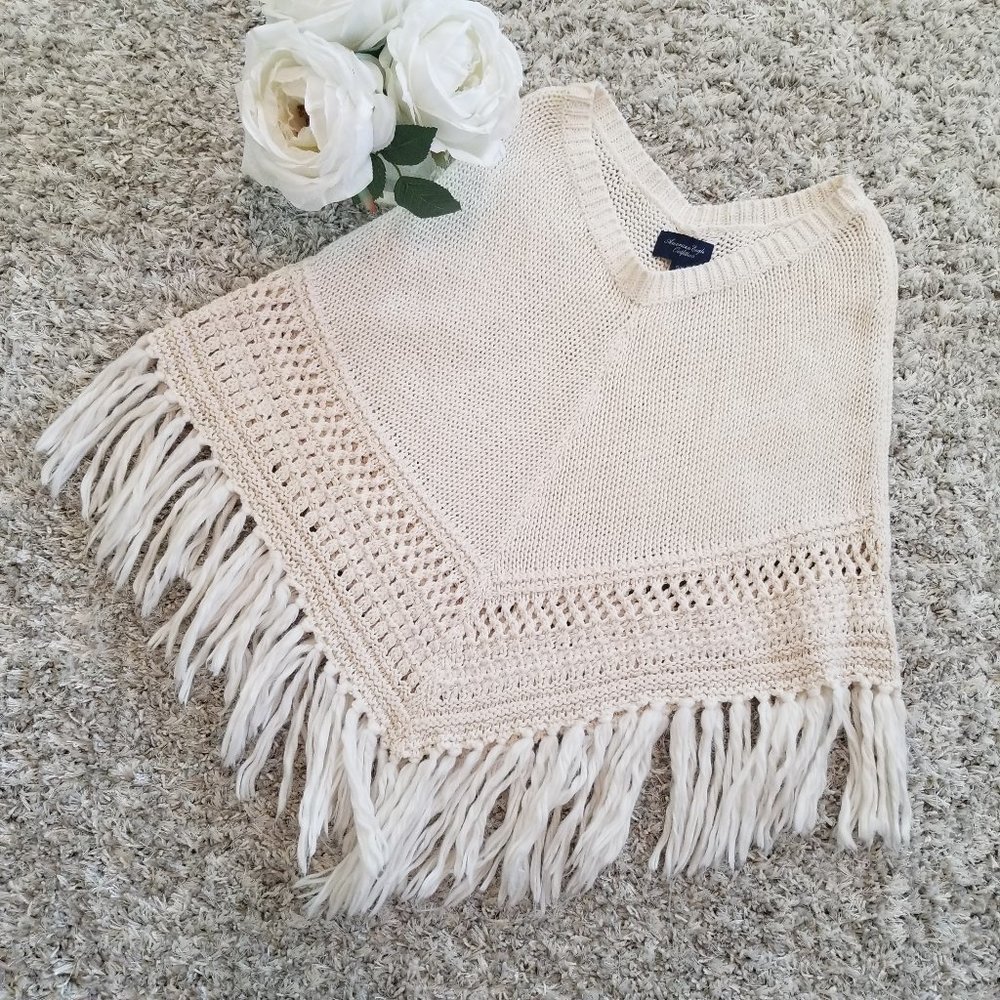 American Eagle Cream Knit Boho Poncho Sweater XS/S